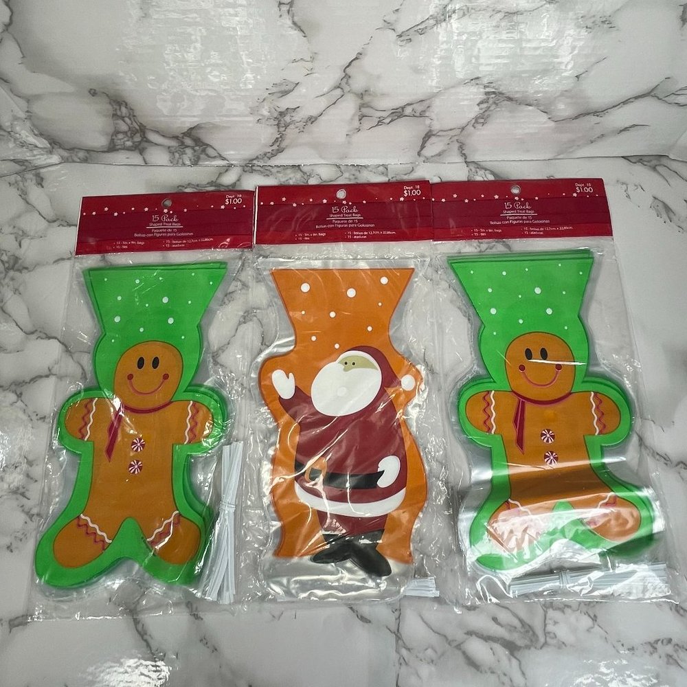 Lot of 3 Christmas Holiday 15 Pk 5"x9" Cello Treat Bags Gift Bag Sacks Ties NEW